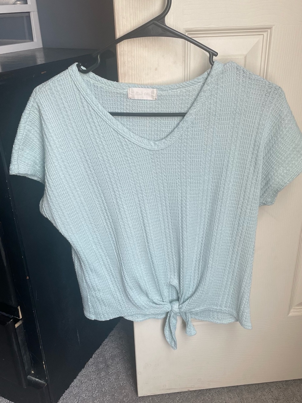 Altar’d State Light Blue Knit Crop Top V-Neck Tie Front Short Sleeve Top